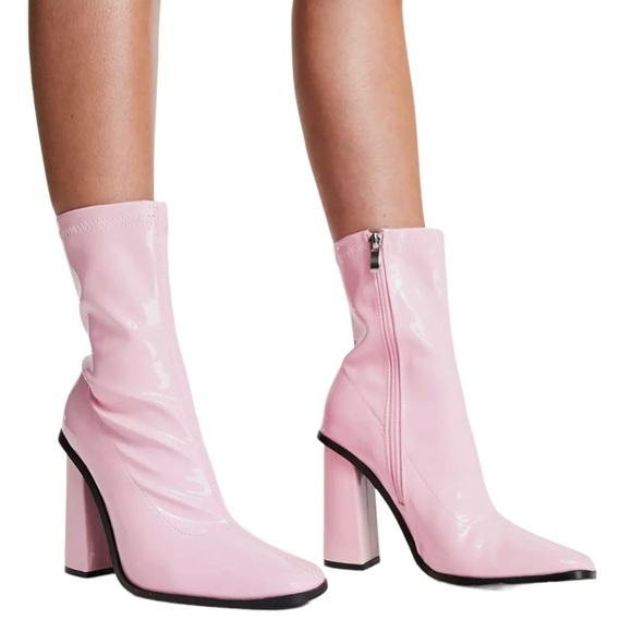 Raid ASOS Saylor Barbie Pink Patent Block Heel Mid Calf Boots Women’s 8 Wide Fit - Picture 1 of 16